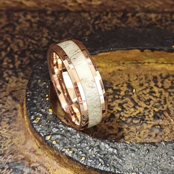 Engraved Men's Real Rose Gold Tungsten Wedding Ring -  Deer Antler Inlay 14K RG - Picture 4 of 7